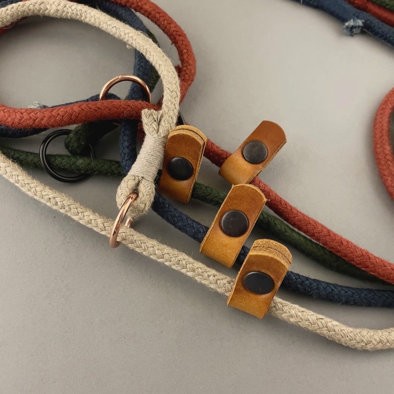 May include: A set of four multi-colored rope leashes with leather tabs and metal rings. The leashes are in shades of beige, red, green, and blue.