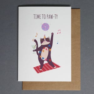 Time to paw-ty - Katzen Grußkarte, Geburtstagspostkarte mit tanzender Katze