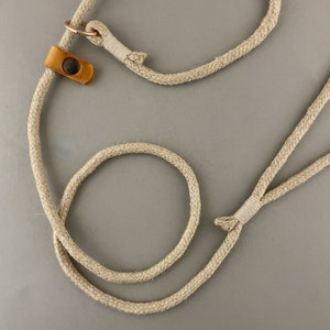 May include: A beige rope dog leash with a brown leather strap and a metal ring.