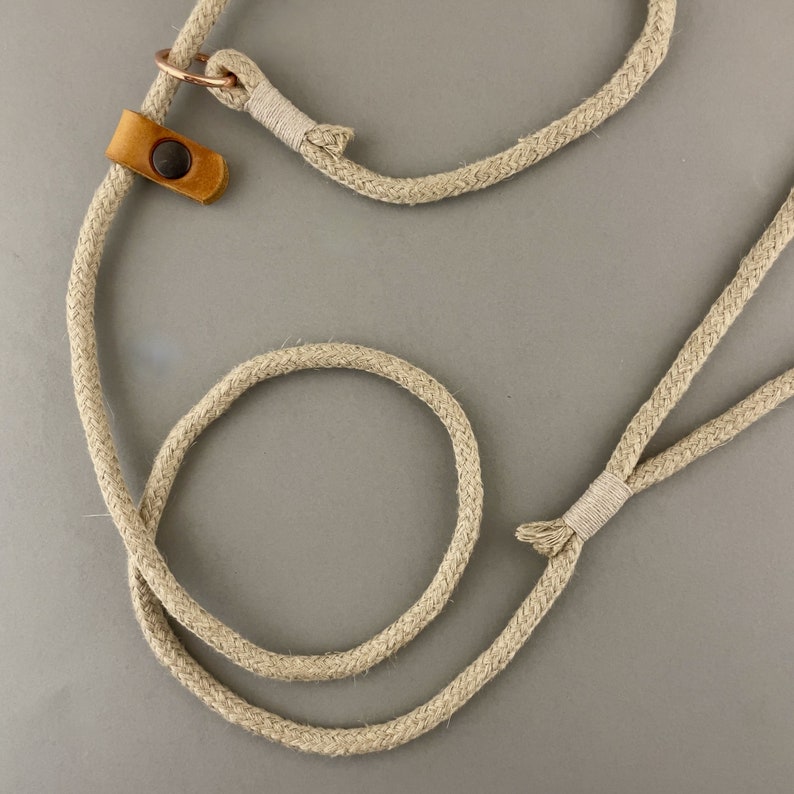 May include: A beige rope dog leash with a brown leather strap and a metal ring.