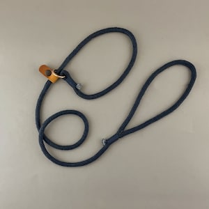 May include: A black cotton rope dog leash with a brown leather loop and a metal clasp.