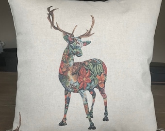 Stag deer print cushion cover. Neutral colours. Forest theme. Square 16" x 16"