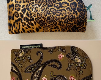 Glasses case cover, leopard print or paisley, spectacles pouch.