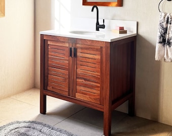 Mahogany Sipo Wood Bathroom Vanity Cabinet With 2 Ventilated Doors - 80 cm / 32"