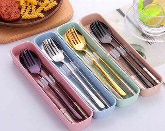 Stainless Steel Cutlery Travel Set- Spoon Fork & Chopsticks with Wheat Box