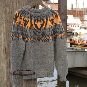 Icelandic sweater with hand-knitted ornamental bull pattern, nice and warm and cuddly, Crimson Bull 4