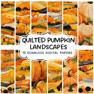 Quilt Pumpkins Landscapes Digital Papers, Seamless Repeat Pattern, Downloadable Background Patterns, Printable
