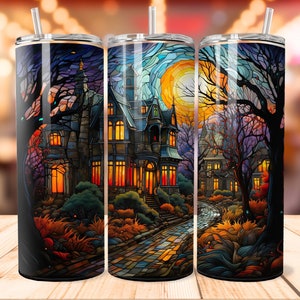 Halloween Haunted House Stained Glass No.1 Tumbler Design, 20 oz Tumbler Wrap, Sublimation Designs Downloads