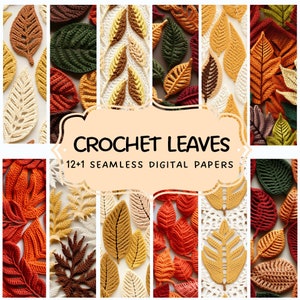 Crochet Leaves No.1 Digitale Papiere, nahtloses Rapportmuster, herunterladbare Hintergrundmuster, druckbar, KEIN Häkelmuster