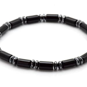 Onyx Tube and Hematite Bead Bracelet with Sterling Silver Bead Gift for Him Gift foe Her Handmade in UK
