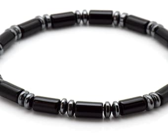 Pulsera de tubo de ónix y cuenta de hematita con plata de ley, hecha a mano en el Reino Unido