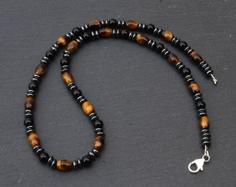Collar de ojo de tigre y ónix para hombre: cierre de plata de ley hecho a mano
