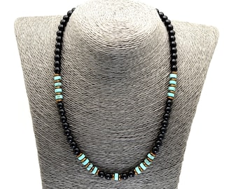 Black Onyx Turquoise Necklace: Handmade Sterling Silver Clasp