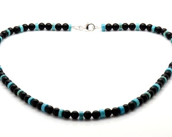 Men's Black Onyx & Turquoise Bead Necklace - Sterling Silver Clasp