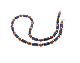 Lapis Lazuli Red Jasper Necklace: Handmade 925 Sterling Silver Clasp
