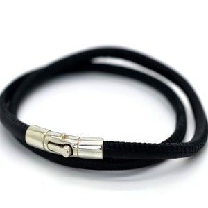 Leather Bracelet, Black Nappa Stitched Leather, with 925 Sterling Silver Trigger Clasp Double Wrapped
