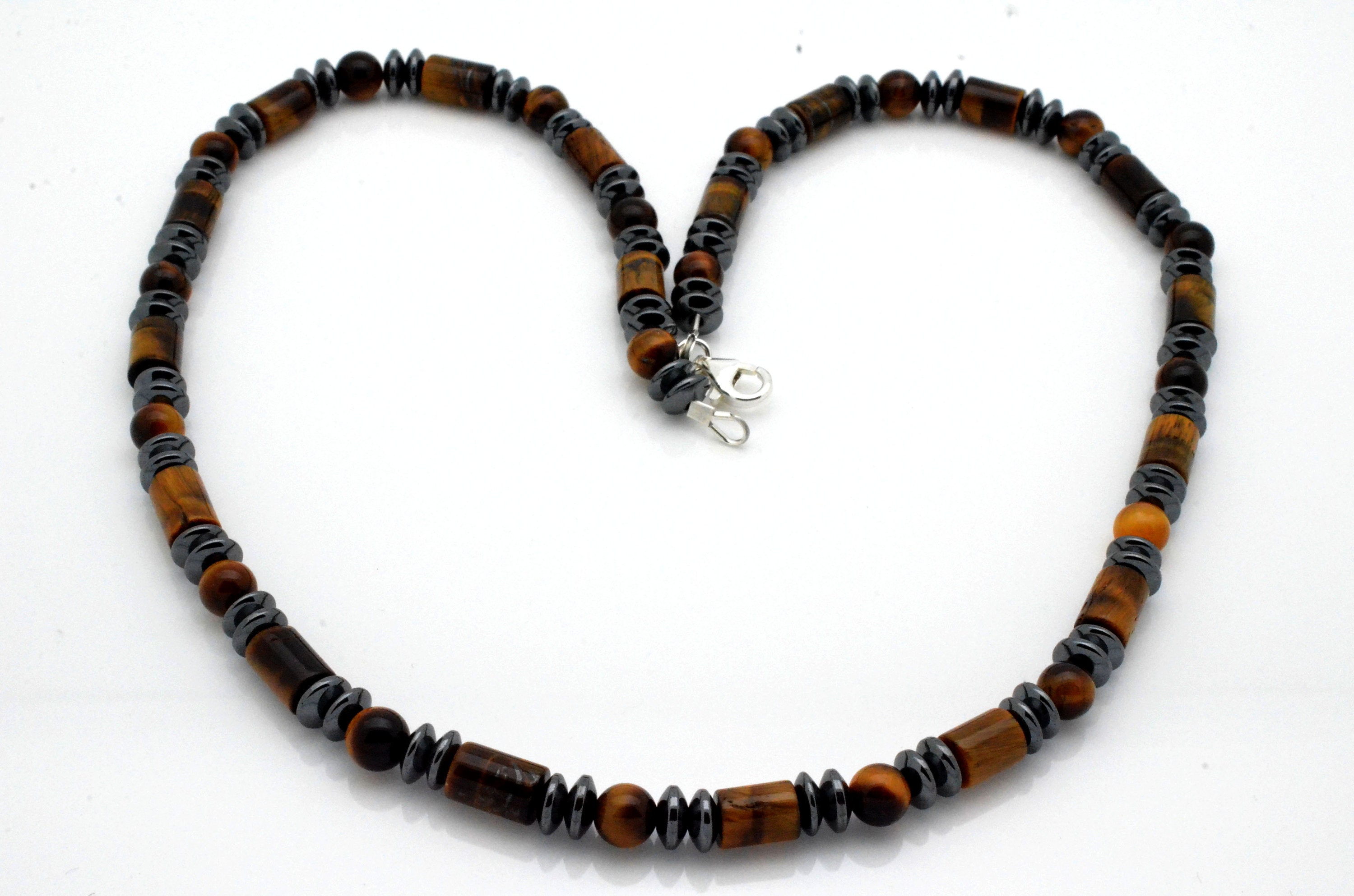 Men's Beaded Necklace Tiger's Eye and Hematite Necklace Mixed Stone and Sterling Silver Beads Necklace 