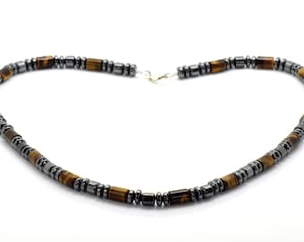 Collar de ojo de tigre y hematita para hombre: cierre de plata de ley hecho a mano