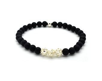 Onyx Bracelet, Black Frosted with 925 Sterling Silver Beads