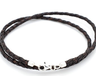 Lederarmband, geflochten, antik braun, mit 925 Sterling Silber Verschluss, doppelt gewickelt, handgefertigt