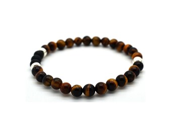 Tiger's Eye Bracelet, with Frosted Black Onyx and 925 Sterling Silver Beads