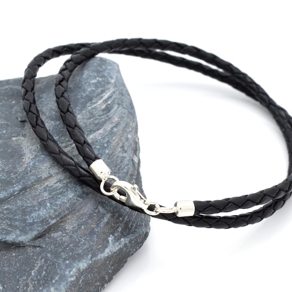 Leather Bracelet, Braided, Black, with 925 Sterling Silver Clasp Double Wrapped