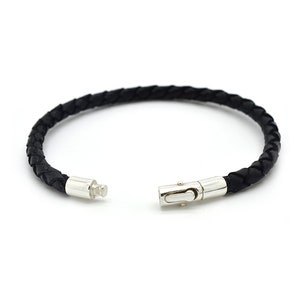 Leather Bracelet, Braided Nappa Black Leather, with Sterling Silver Clasp