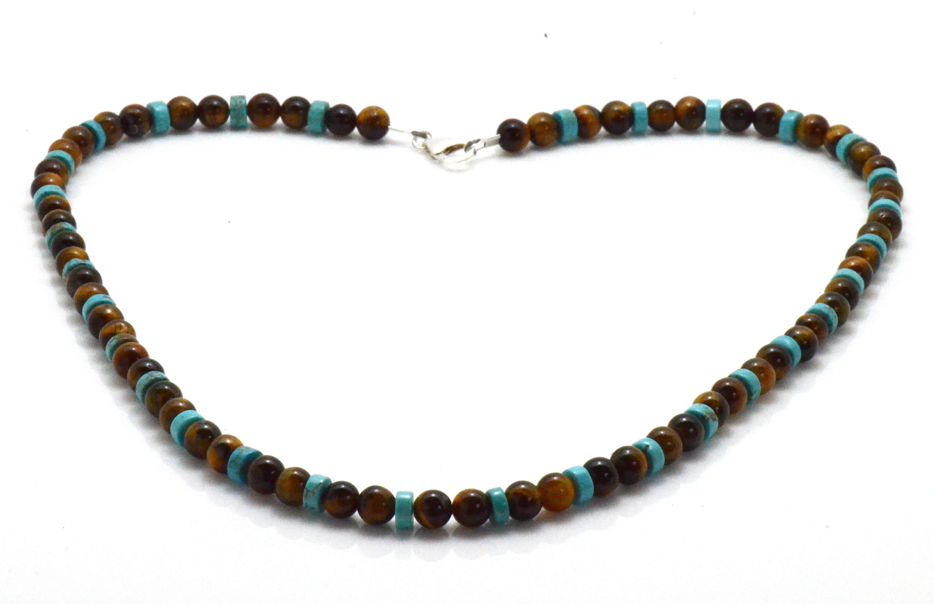 Men S Bead Necklace Tiger S Eye And Turquoise Etsy Uk