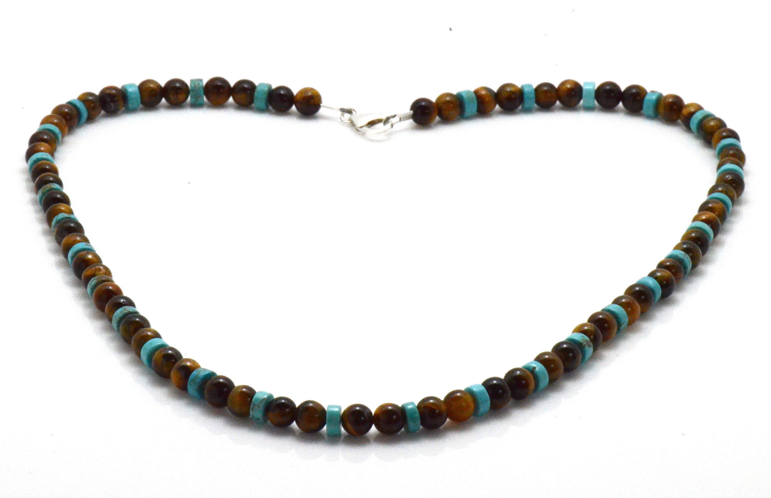Men's Bead Necklace Tiger's Eye and Turquoise Gemstones With 925