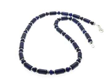 Lapis Lazuli Hematite Necklace: Handmade 925 Sterling Silver Clasp