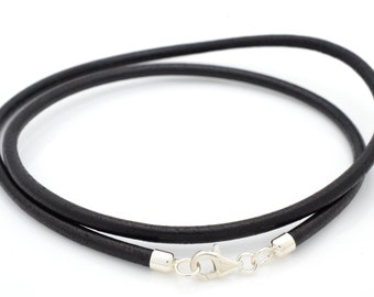 Black Leather Bracelet, with Sterling Silver Carabiner Clasp