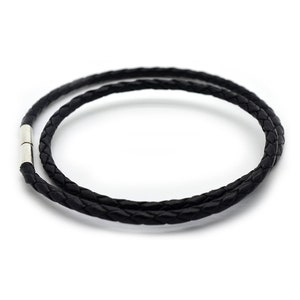 Leather Bracelet, Braided Black Leather, with 925 Sterling Silver Twist Clasp Double Wrapped