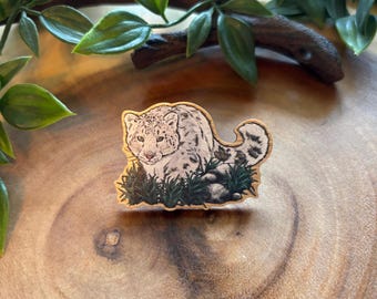 Wooden Snow Leopard Pin