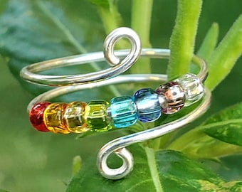 Rainbow Fidget Ring: Adjustable Wire Wrapped Worry Ring