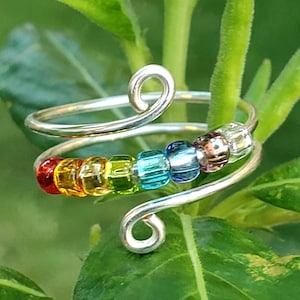 Rainbow Fidget Ring: Adjustable Wire Wrapped Worry Ring