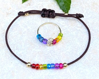 RAINBOW FIDGET RING & Bracelet Set for Kids, in Adjustable Sizes, wire wrapped with chakra color beads