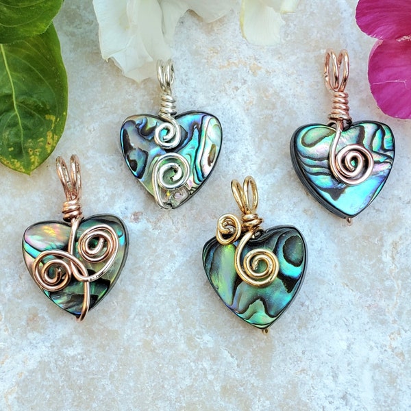 ABALONE PENDANT HEART - Stunning Mother of Pearl Necklace, Handmade Wire Wrapped Abalone Shell Cabochon, Sea Shell Jewelry Gifts