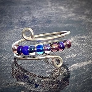 FIDGET RING - toy spinner Galaxy Purple/Blue bead Miyuki glass beads adjustable size handmade wire wrapping ring