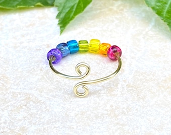 KIDS FIDGET RING in rainbow colors & adjustable sizes, wire wrapped with glass beads chakra ring custom personalize colors available