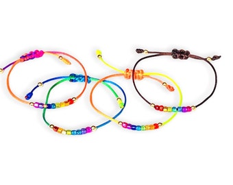 FIDGET BRACELET for KIDS, Fidget Sensory Toy With Adjustable Sliding Knot, Rainbow Glass Beads, & Boho Silk Cord Bracelets, Custom Colors