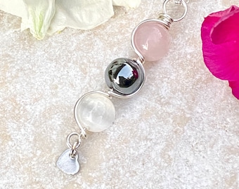 EMPATH PROTECTION NECKLACE Rose Quartz, Selenite, & Hematite Pendant Wire Wrapped Beaded Crystal Stone Jewelry