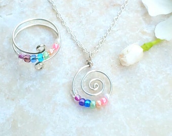 Fidget Jewelry Set: Calming 9-Bead Spinner Ring & Necklace