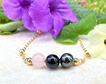 Protection Bracelet - Natural Crystal Gemstone Beaded Bracelet in Rose Quartz, Black Tourmaline, & Hematite Empath Jewelry Gifts