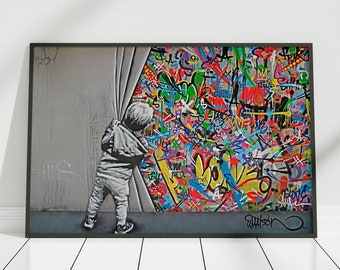 Banksy Wall Art Behind the Curtain - Etsy