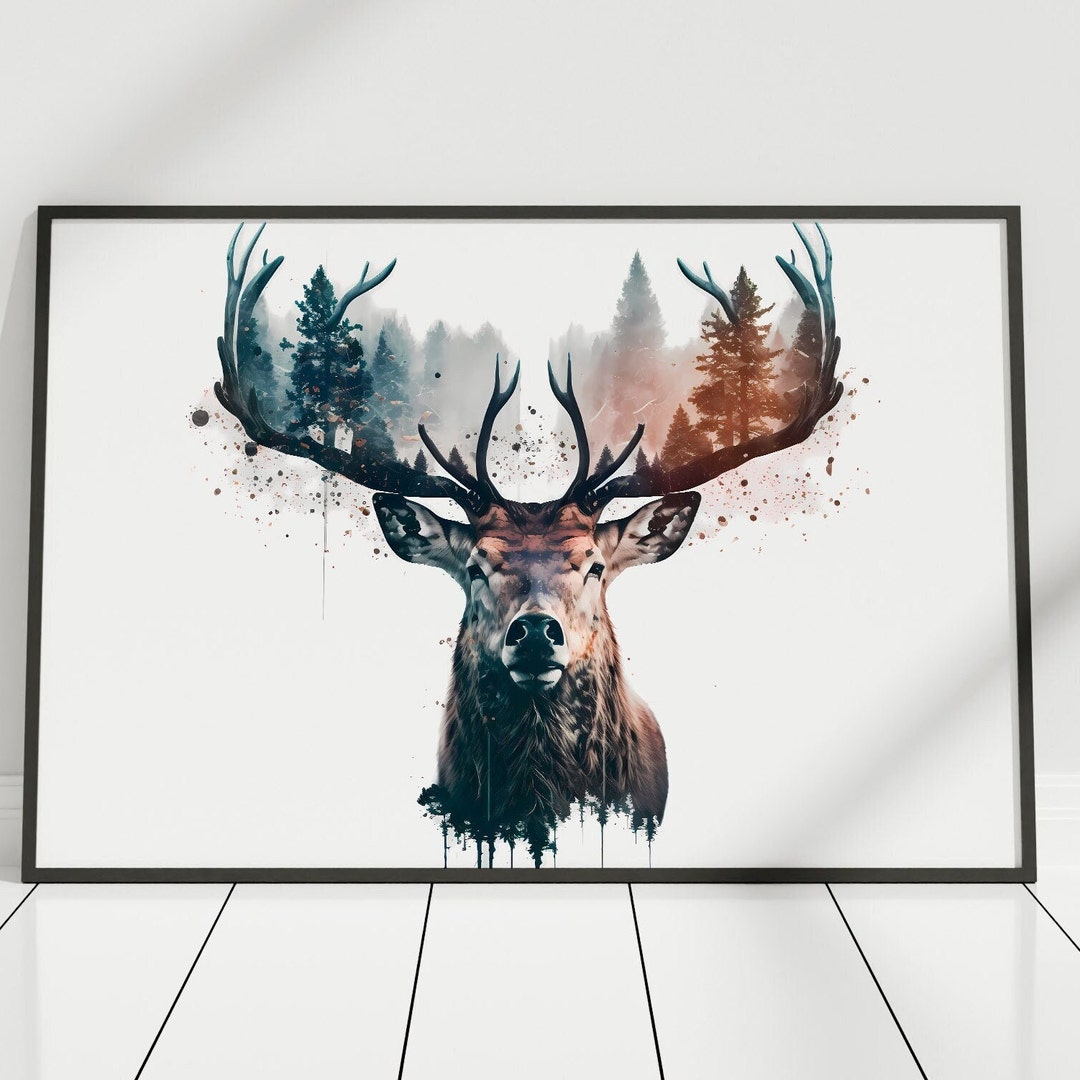 Deer Wall Art, Double Exposure Deer Poster, Deer Wall Decor, Deer
