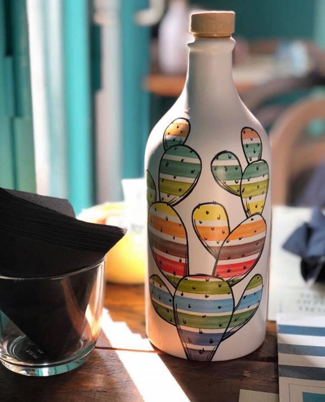 Olive oil ceramic bottle cactus motif hand painted olive Etsy