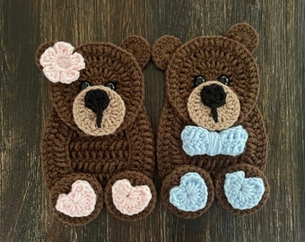 Bear Crochet Applique, Teddy Bear Applique, Girl Bear Applique, Boy Bear, Premade Bear Applique, Ready to Use Applique, Bear Embellishment