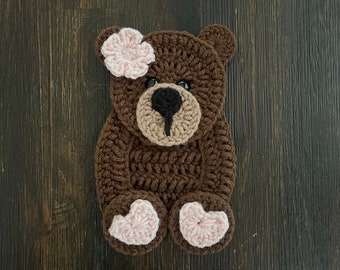 Bear Applique, Teddy Bear Crochet Applique, Premade Bear Applique, Baby Bear Applique, Ready to Use Applique, Bear Embellishment, Girl Bear