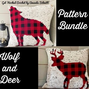 May include: A crochet pattern bundle for a wolf and deer pillow. The pillows are white with red and black buffalo plaid designs. The text "Pattern Bundle" and "Wolf and Deer" are visible in the image.