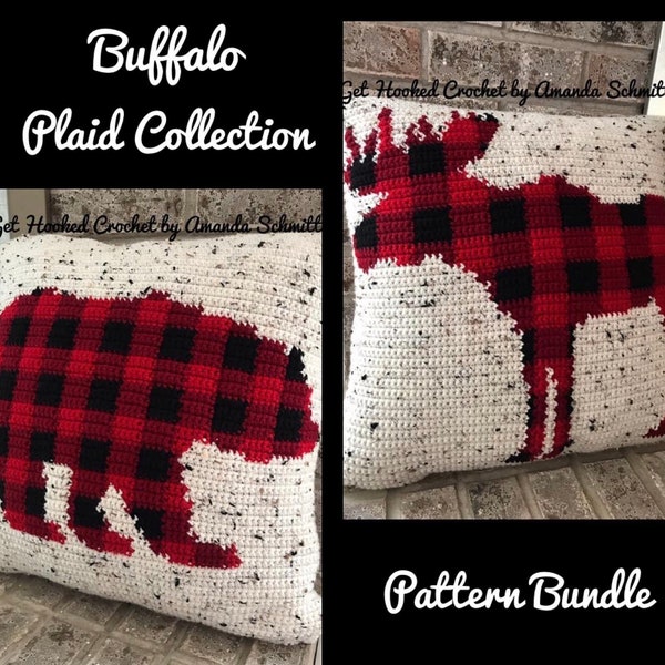 Crochet Buffalo Plaid Pattern Bundle, Moose and Bear Crochet Pillow Pattern Bundle, Buffalo Plaid Moose and Bear Pillow Crochet Pattern